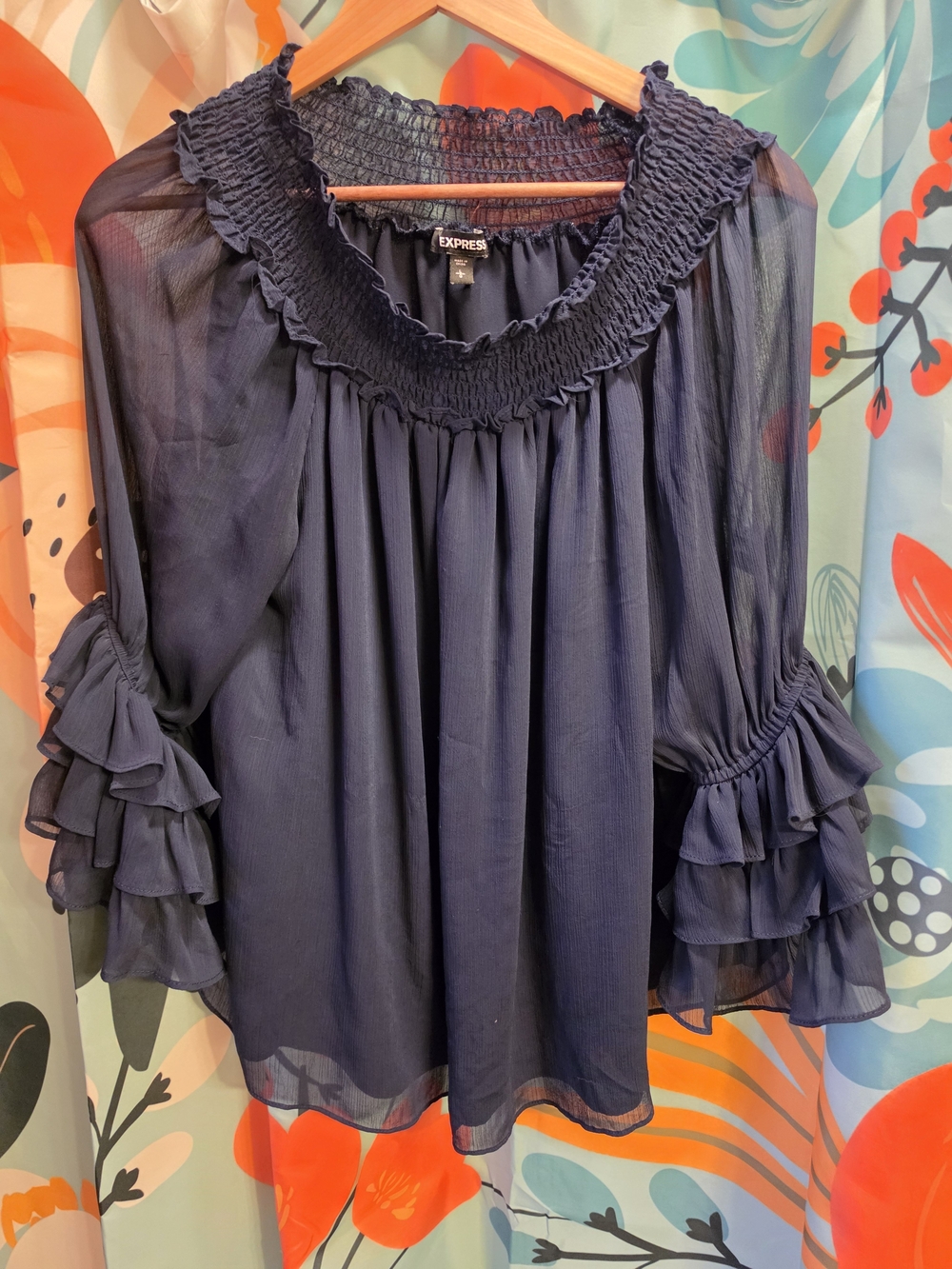 Express Navy Smocked Ruffle Neck Tiered-Sleeve Blouse